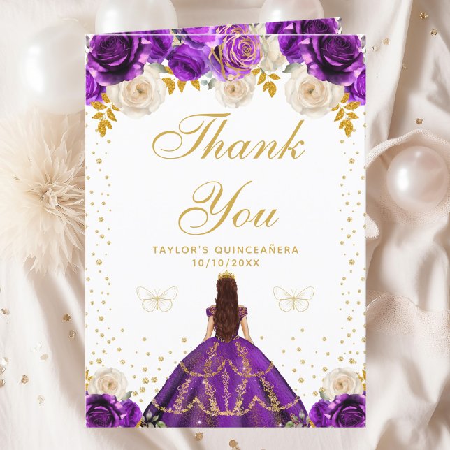Purple Floral Princess Quinceañera Thank You Card (Creator Uploaded)