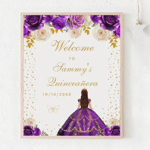 Purple Floral Princess Quinceañera Welcome Poster