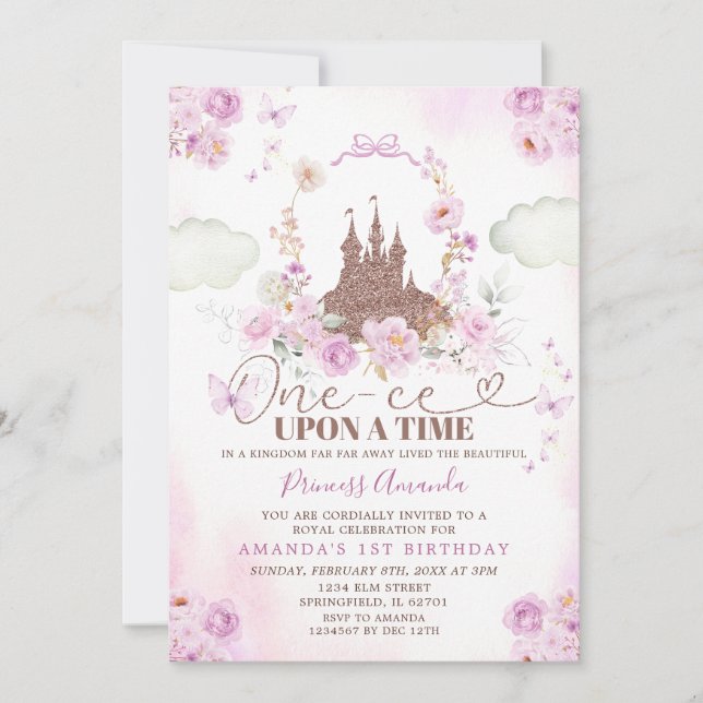 Purple Floral Princess Royal Castle 1st Birthday Invitation (Front)