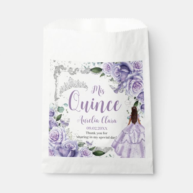 Purple Floral Princess Silver Quinceañera 16 15 Favour Bags (Front)