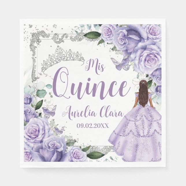 Purple Floral Princess Silver Quinceañera 16 15 Napkin (Front)