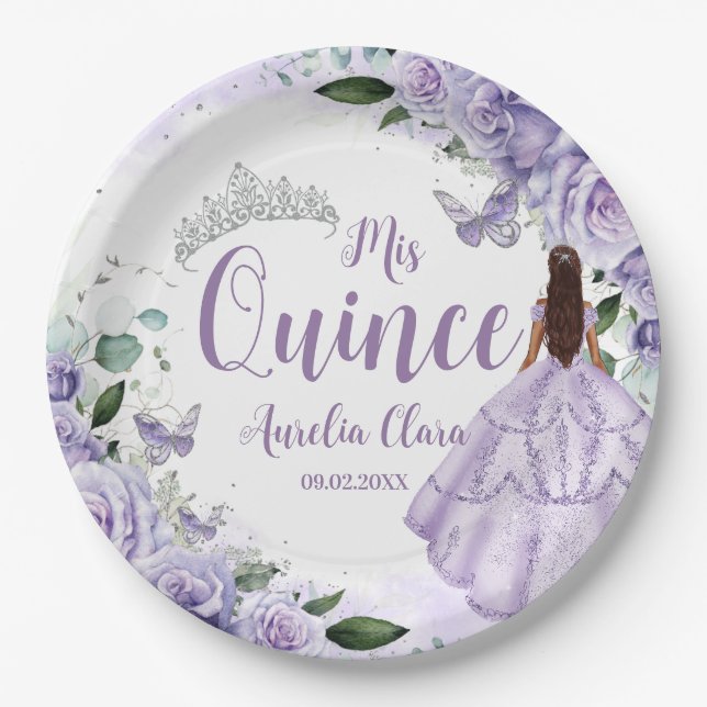 Purple Floral Princess Silver Quinceañera 16 15 Paper Plate (Front)