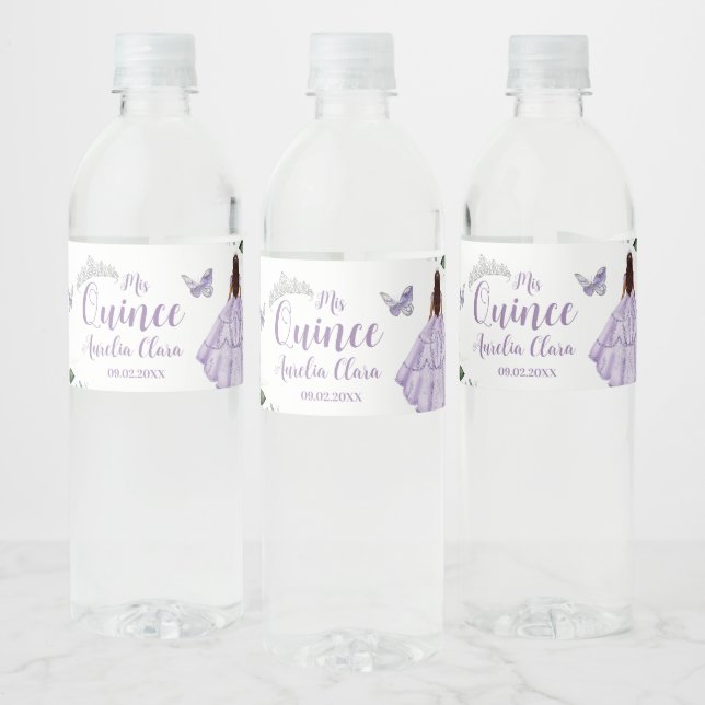 Purple Floral Princess Silver Quinceañera 16 15 Water Bottle Label (Bottles)