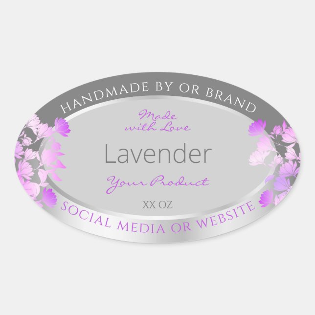 Purple Floral Product Packaging Labels Grey Silver (Front)