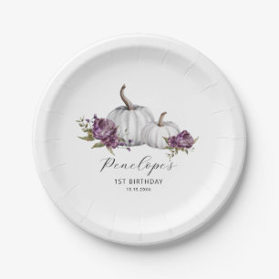 Purple Floral Pumpkin Birthday Party Paper Plate
