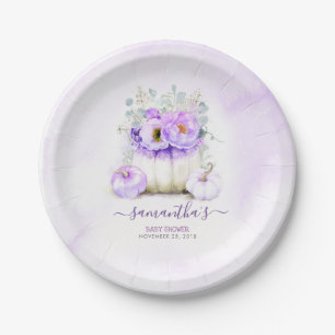 Purple Floral Pumpkin Fall Wedding Paper Plate