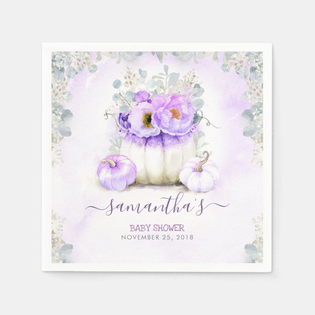 Purple Floral Pumpkins Fall Baby Shower Napkin (Front)