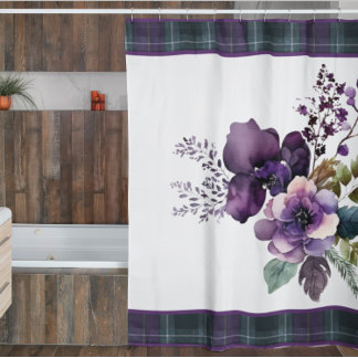 Purple Floral Purple & Green Plaid  Shower Curtain