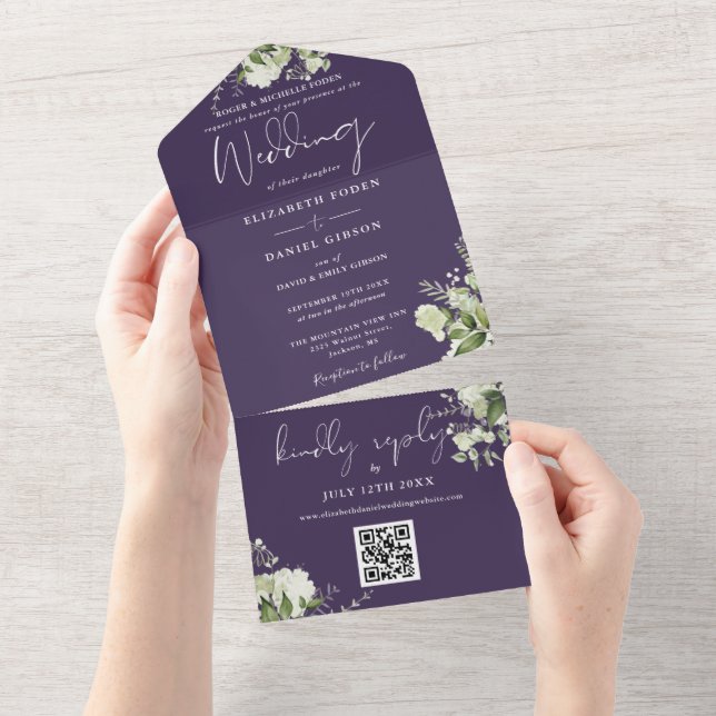 Purple Floral QR Code Formal Wedding All In One Invitation (Tearaway)