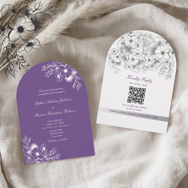 Purple Floral QR Code Wedding Invitation (Creator Uploaded)