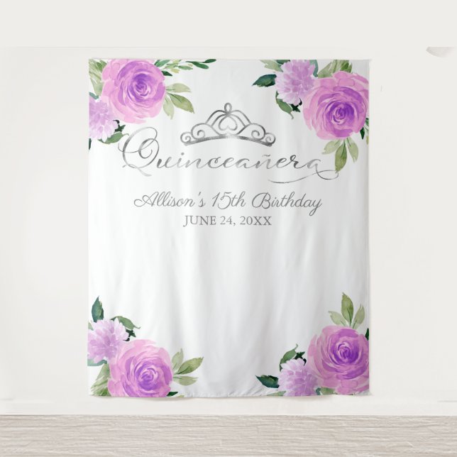 Purple Floral Quinceanera Backdrop Tapestry (Front)