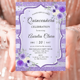 Purple Floral Quinceanera birthday Invitation