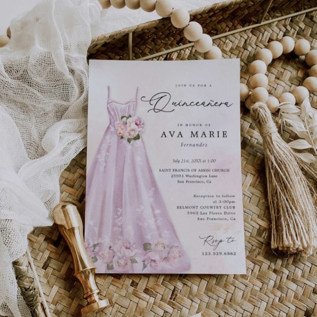 Purple Floral Quinceañera Birthday Photo Invitation (Creator Uploaded)