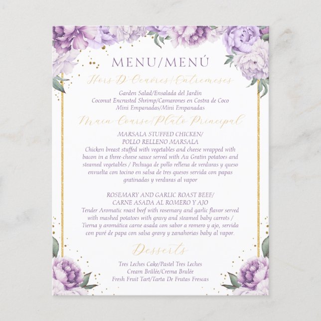 Purple Floral Quinceañera Budget Friendly Menu (Front)