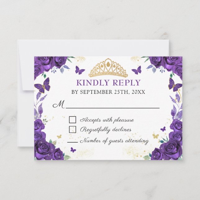 Purple Floral Quinceañera Butterflies RSVP Card (Front)