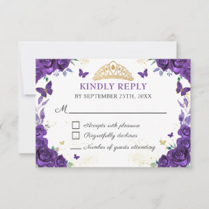 Purple Floral Quinceañera Butterflies RSVP Card