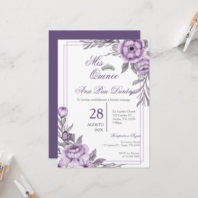 Purple Floral Quinceanera Invitation (Front/Back In Situ)