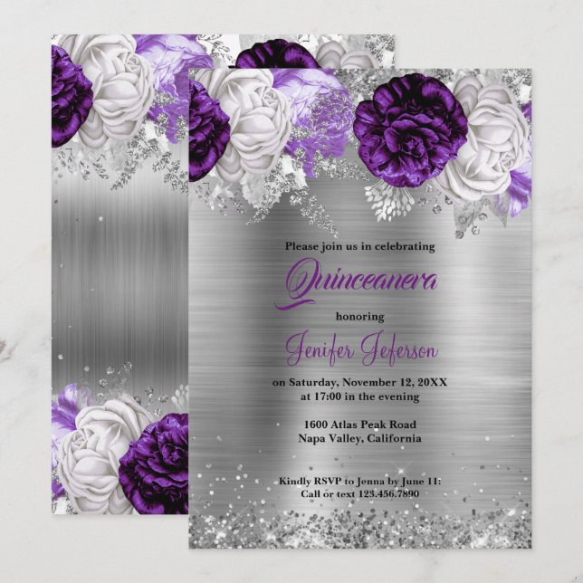 Purple floral Quinceanera Invitation (Front/Back)