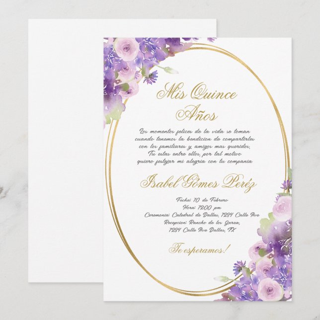 Purple floral Quinceanera invitation in Spanish (Front/Back)