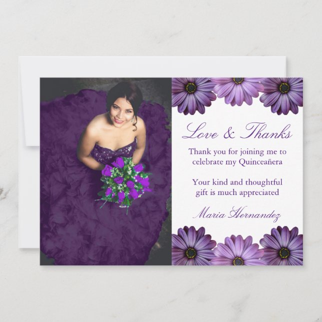 Purple Floral Quinceanera Thank You Card (Front)