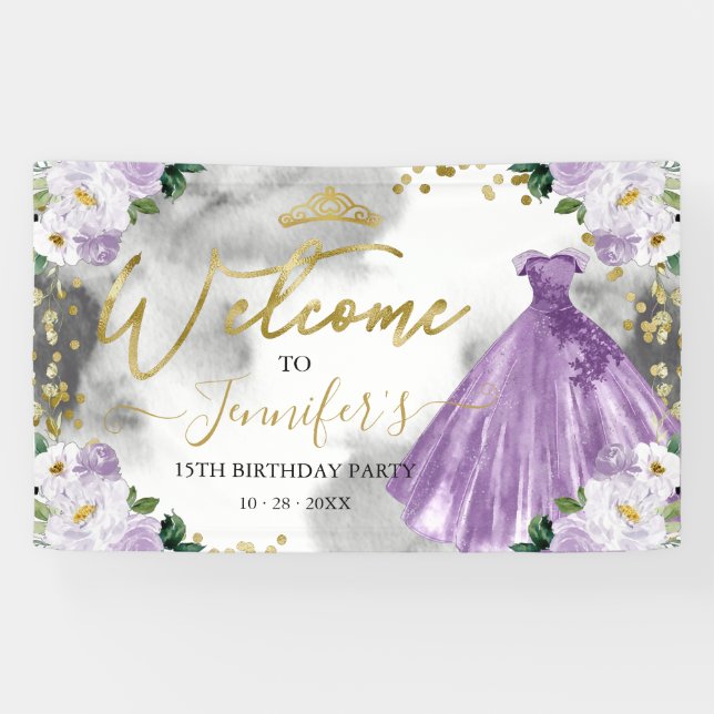 Purple Floral Quinceanera Welcome Banner (Horizontal)