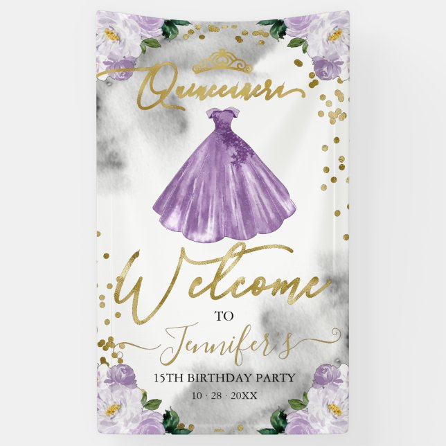 Purple Floral Quinceanera Welcome Banner (Vertical)