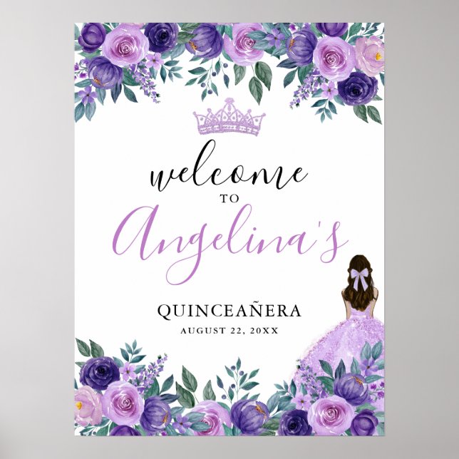 Purple Floral Quinceanera Welcome Sign (Front)