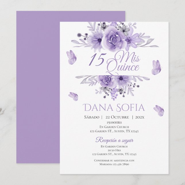 Purple Floral Quincenera Invitation Spanish (Front/Back)