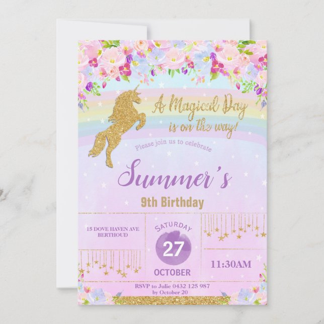 Purple Floral Rainbow Unicorn Birthday Party Girl Invitation (Front)