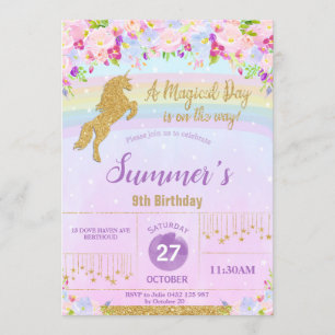 Purple Floral Rainbow Unicorn Birthday Party Girl Invitation