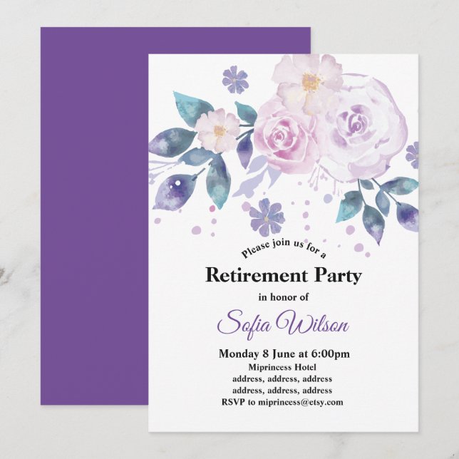 purple floral , retirement party invitation (Front/Back)