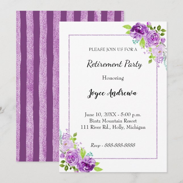 Purple Floral Retirement Party Invitation (Front/Back)