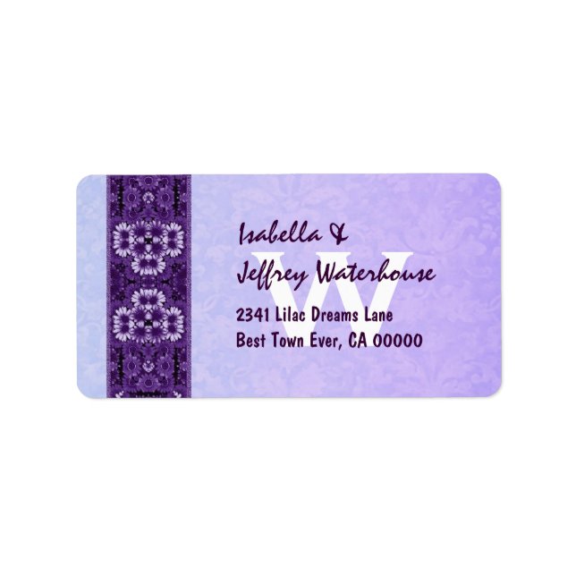 Purple Floral Ribbon with Monogram Wedding G206 Label (Front)