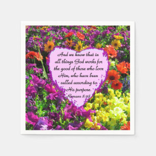 PURPLE FLORAL ROMANS 8:28 PHOTO DESIGN NAPKIN
