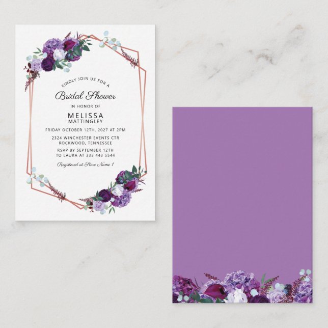 Purple Floral Rose Gold Frame Bridal Shower Budget Card (Front/Back)