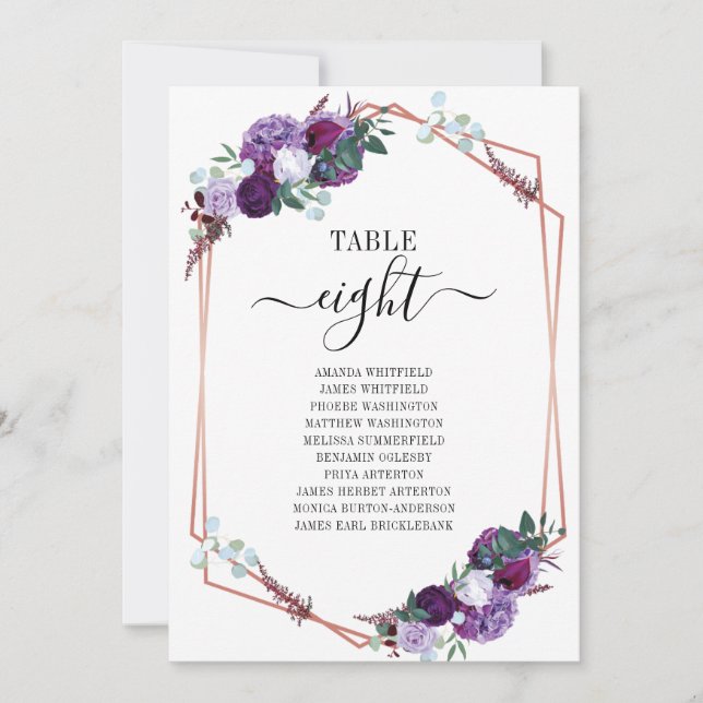 Purple Floral Rose Gold Frame Wedding Seating Card (Front)