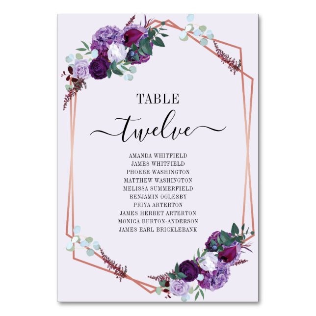 Purple Floral Rose Gold Frame Wedding Seating Card (Front)