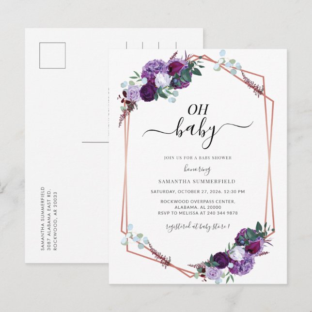Purple Floral Rose Gold Geometric Baby Shower Invitation Postcard (Front/Back)