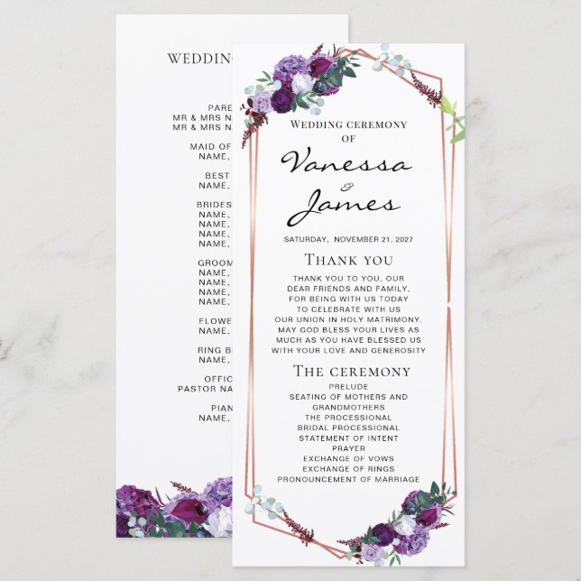 Purple Floral Rose Gold Geometric Frame Wedding (Front/Back)