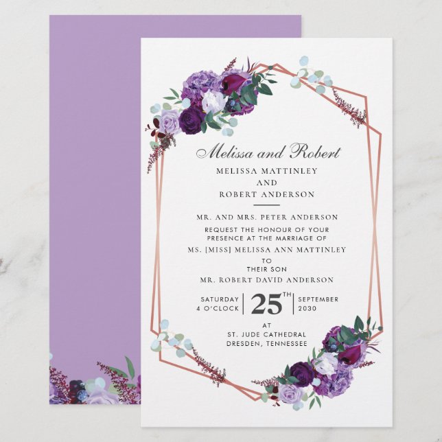 Purple Floral Rose Gold Geometric Greenery Wedding Stationery (Front/Back)