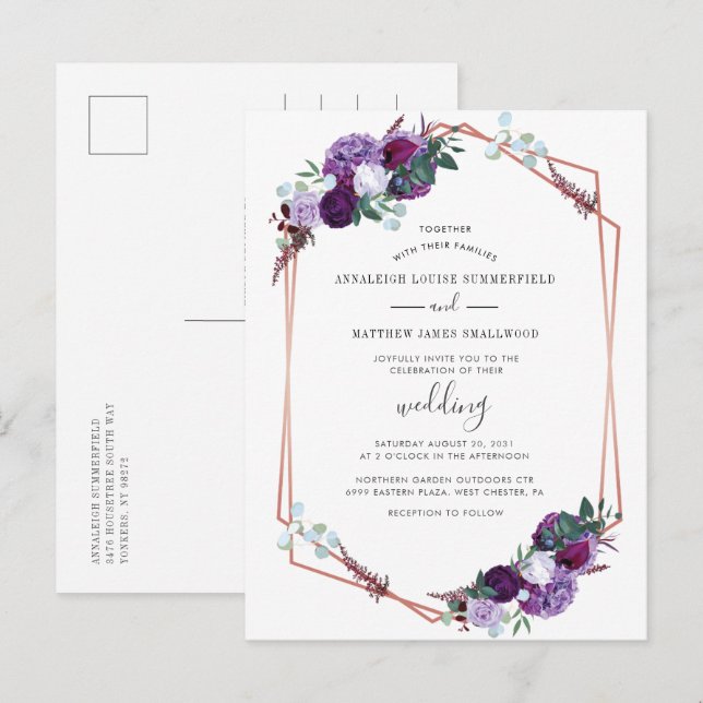 Purple Floral Rose Gold Geometric Wedding Invitation Postcard (Front/Back)