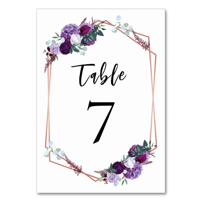 Purple Floral Rose Gold Geometric Wedding Table Number (Front)