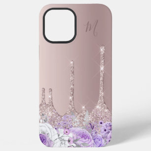 Purple floral rose gold glitter drips monogram iPhone 12 pro max case