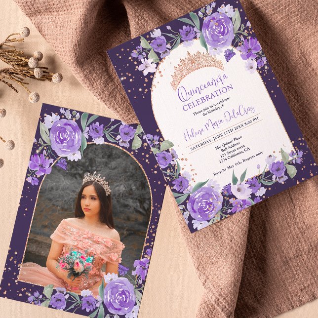 Purple floral Rose gold tiara princess Quinceanera Invitation (Creator Uploaded)