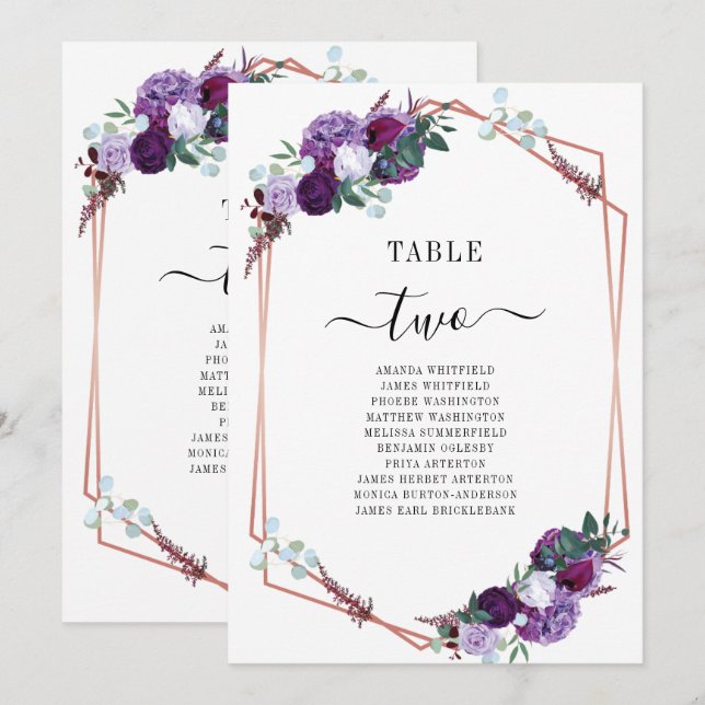 Purple Floral Rose Gold Wedding Table Number 2 (Front/Back)