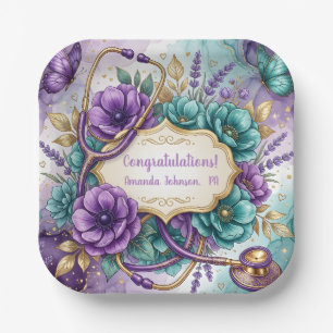 Purple Floral Rose Graduation Paper Plate