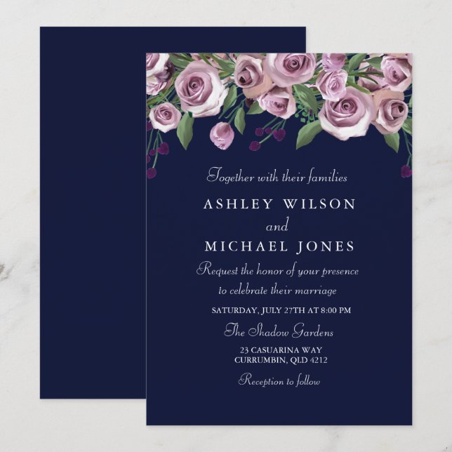 Purple Floral Rose Navy Wedding Invitation (Front/Back)