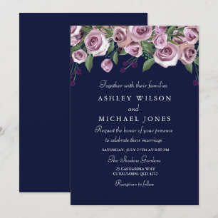 Purple Floral Rose Navy Wedding Invitation