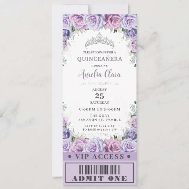 Purple Floral Rose Quinceañera Sweet 16 VIP Ticket Invitation (Front)