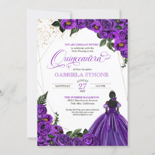 Purple Floral Roses Elegant Afrolatina Quinceanera Invitation
